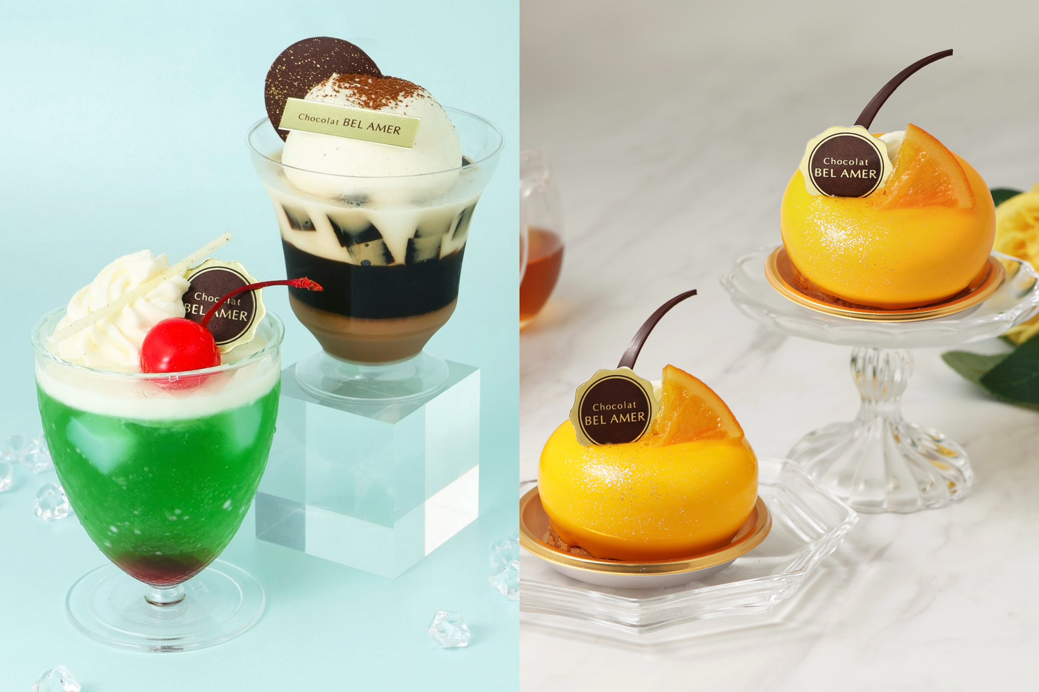 夏を感じる爽やかなスイーツが新発売！見た目にも涼やかなグラスデザート「ジュレクリームソーダ」とオレンジのムース「クレール オランジュ」が登場します。